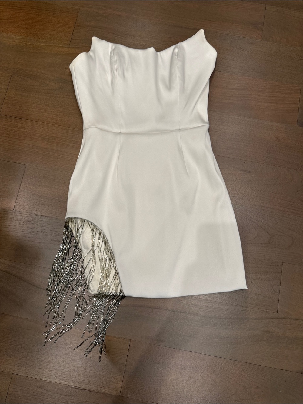 Strapless White Mini Dress with Silver Fringe Accent